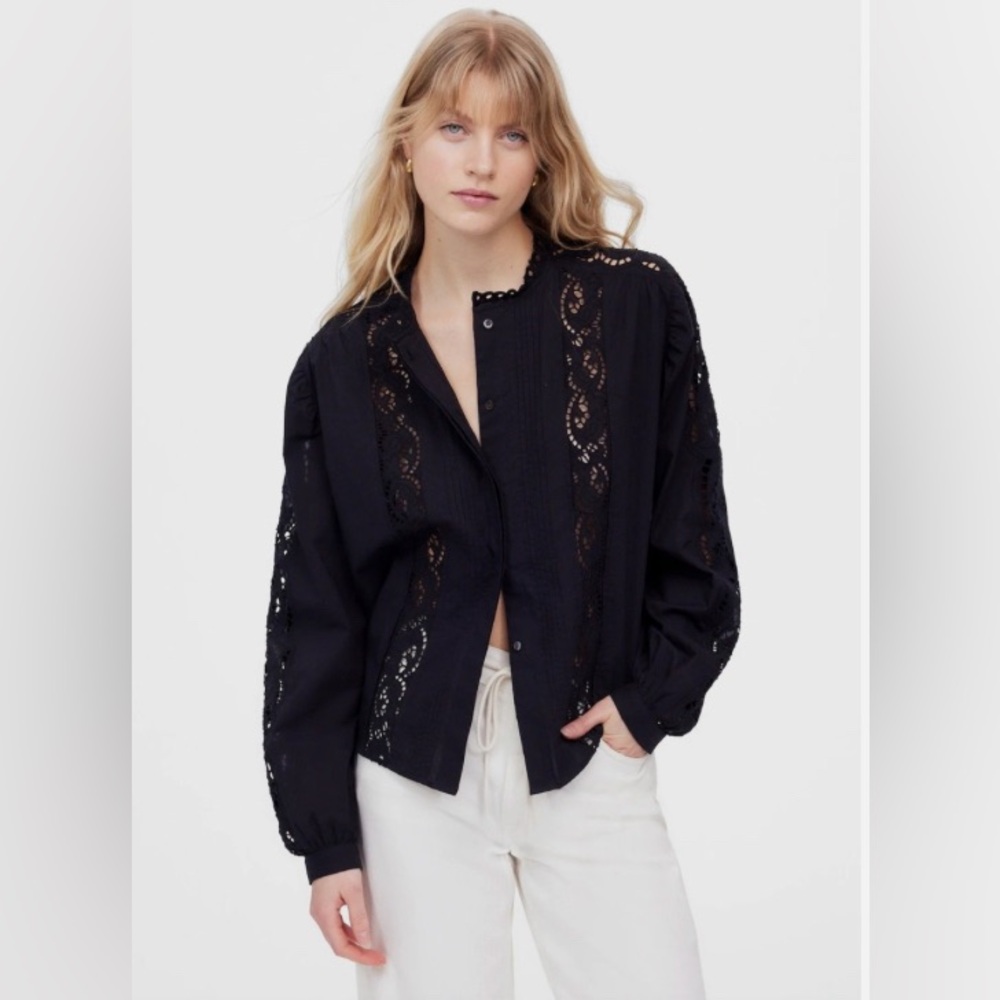 Madewell Womens Black Lace-Inset Pintucked Button-Up Top